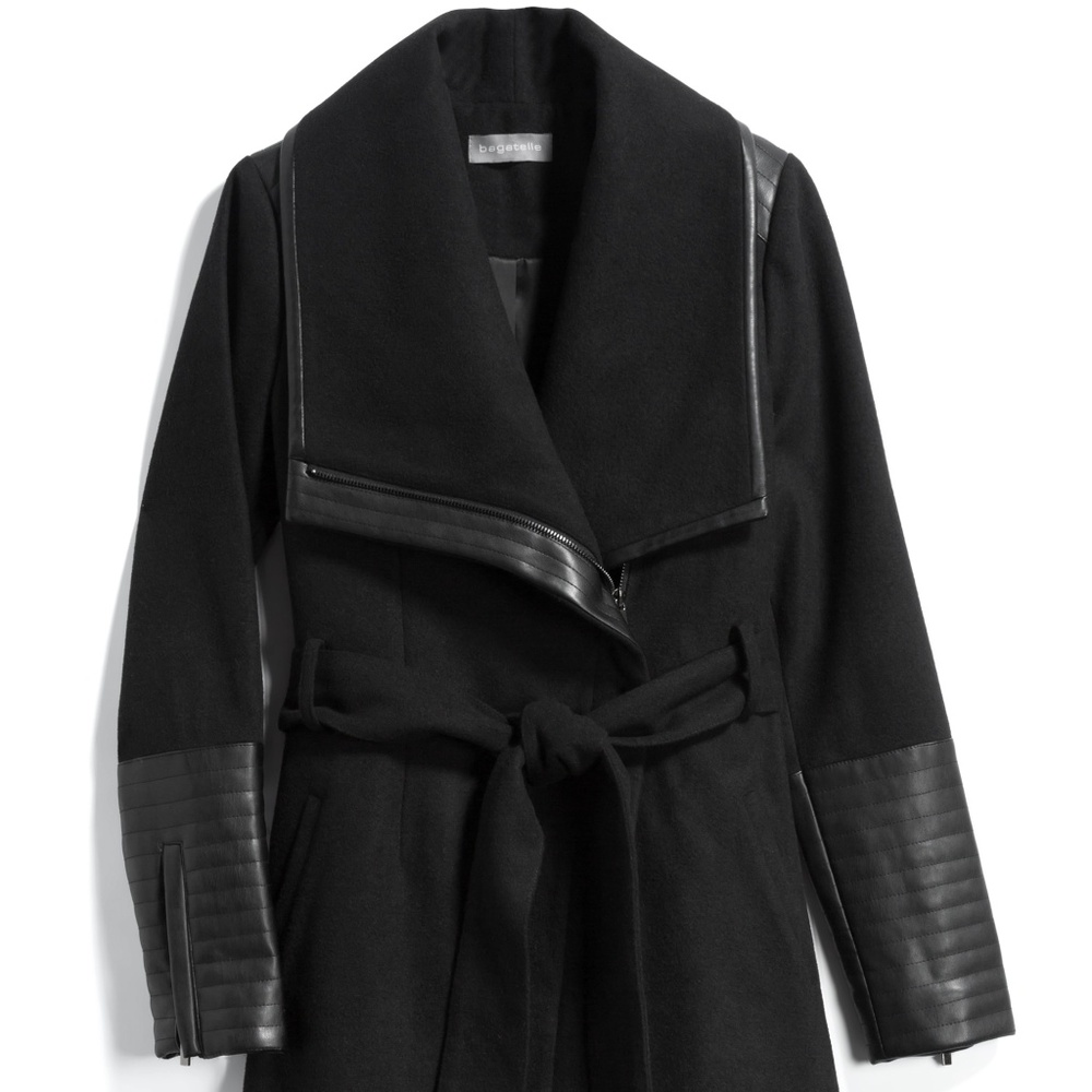 Aurora Faux Leather Detail Wool Coat